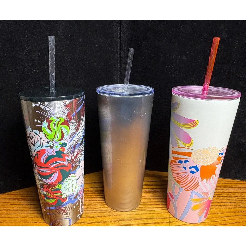 Starbucks Stainless Steel Cold Cup 3 Tumbler Set-24oz Holiday Floral Iridescent